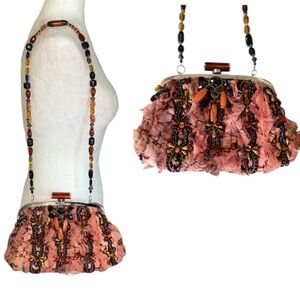 Mary Frances Silk Terracotta Pink Embellished Beaded Shoulder Bag / Clutch
